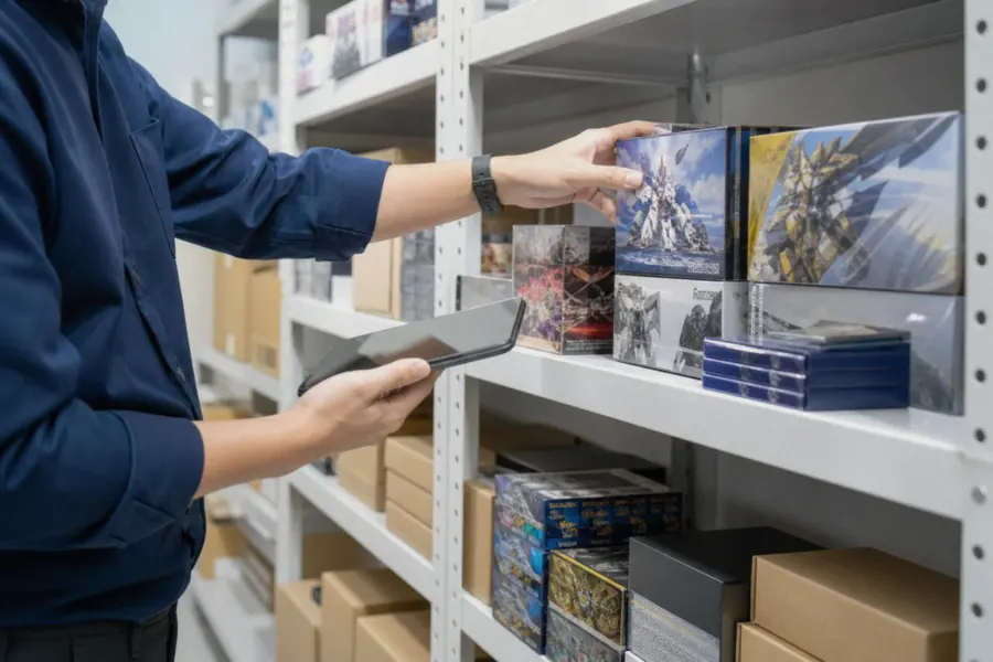 商品棚から在庫を確認する直販スタッフ